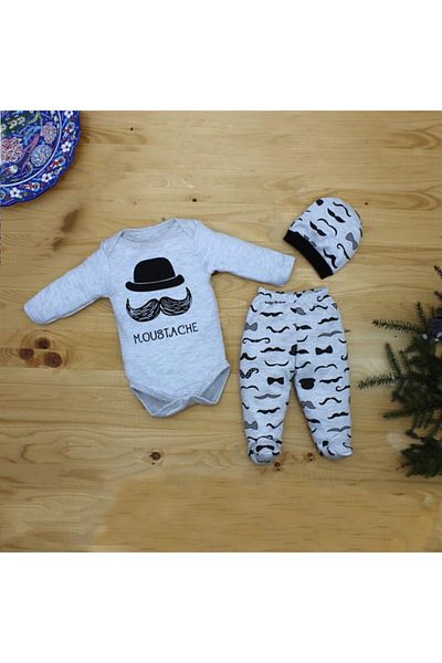 Mini Bird Mustache Gray 3-Piece Baby Boy Set K2682