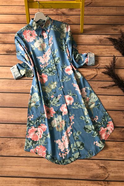 MODAQU Women's Blue Rose Pattern Viscose Tunic