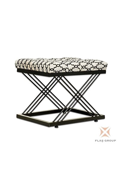 Flaş Group Metal Ayaklı Puf Beyaz Siyah Desenli Puf Çapraz Ayaklı Siyah Puf