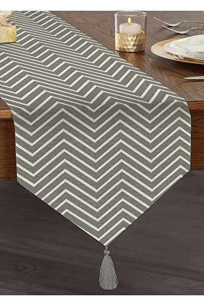 Realhomes Gri Zigzag Temalı Dijital Baskılı Modern Dekoratif Püsküllü Şönil Ü...