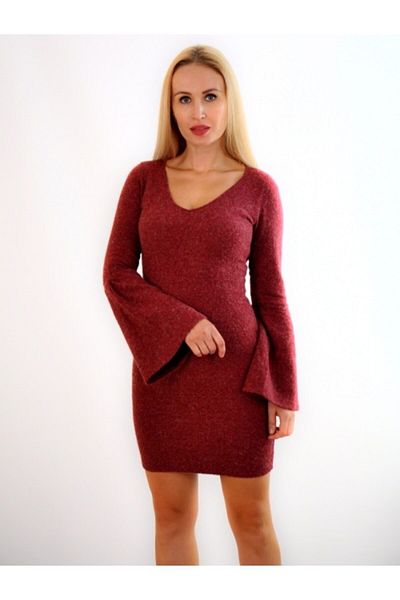 Secret Passion Lingerie V-Neck Flexible Knitwear Claret Red Dress with Flounces on Sleeves