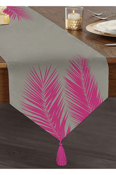 Realhomes Chenille Triunghi Runner cu frunze de palmier fucsia și ciucuri pe fundal gri