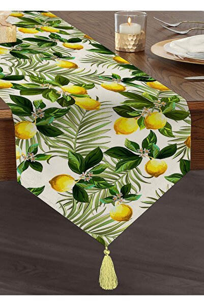 Realhomes Renkli Limon Yaprakları Desenli Dijital Baskılı Püsküllü Şönil Üçge...