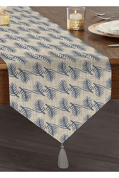 Realhomes Alergăre triunghiular de chenille cu design special cu motiv de frunze pe fundal colorat din denim