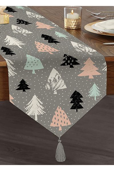 Realhomes Fundal gri Tree Themed Digital Printed Decorative Tasseled Chenille Triangle Runner