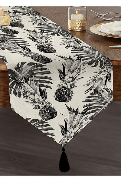 Realhomes Alergăre triunghiulară decorativă cu smocuri și frunze de palmier, ananas și frunze de palmier