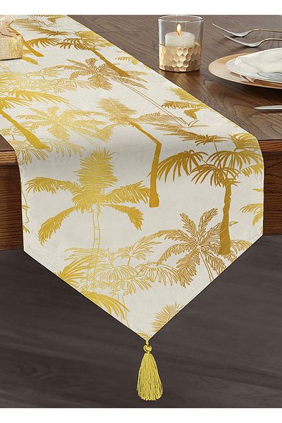 Realhomes Palme în culoare aurie Design special Chenille Triunghi Runner cu ciucuri