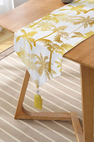 Realhomes Palme în culoare aurie Design special Chenille Triunghi Runner cu ciucuri