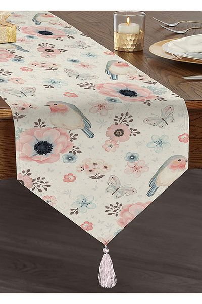 Realhomes Powder Blue Butterfly Flower Μοντέρνα Ψηφιακή Εκτύπωση Φούντες Chenille Triangle Runner