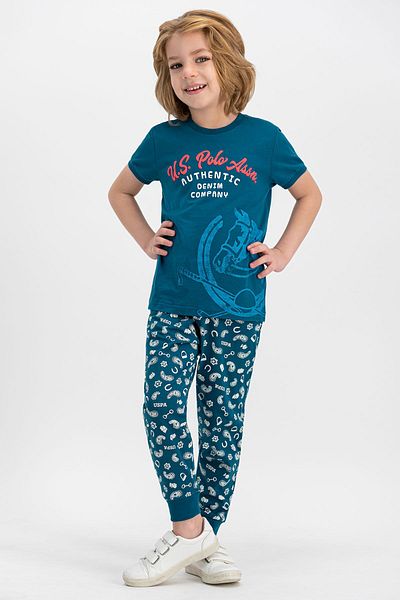 U.S. Polo Assn. Set de pijama cu mânecă scurtă pentru bărbați, autentic Dark Petrol, cu licență