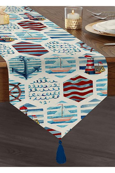 Realhomes Anchor Model Digital Printed Design Special Tasseled Chenille Triunghi Runner