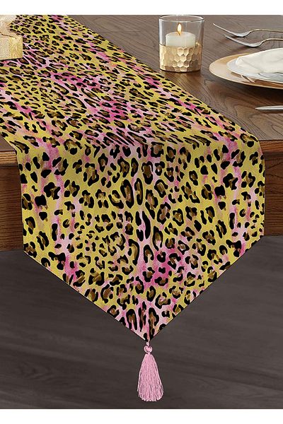 Realhomes Leopard Motif Digital Printed Tasseled Chenille Triangle Runner