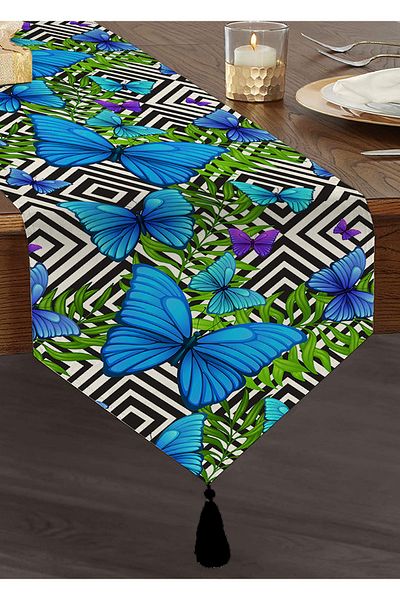 Realhomes Alergăr triunghiular din chenille cu design special imprimat cu fluturi albastru, cu fundal geometric