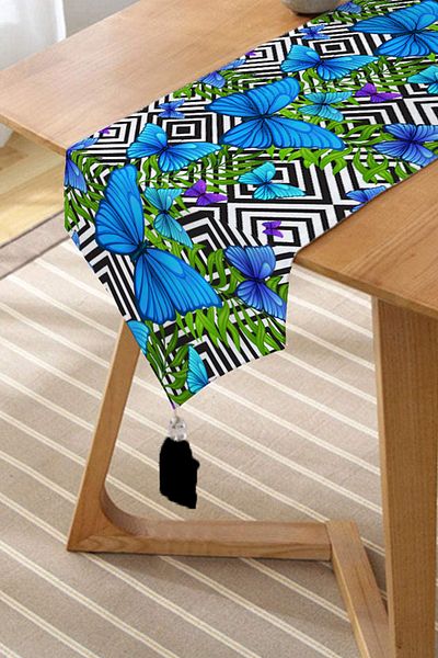 Realhomes Alergăr triunghiular din chenille cu design special imprimat cu fluturi albastru, cu fundal geometric