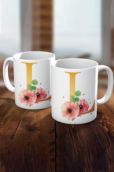 Biz Dijital L Letter Printed Gold Gift Coffee Mug Cup