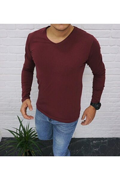 nacar çarşı Men's Claret Red V-Neck Long Sleeve T-shirt