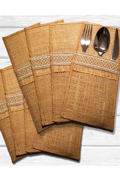 Mutfakta Moda Sonsuzluk Desenli Şerit Hasır Kumaş Kaşıklık ( 8 Parça ) / Jüt Kumaş Kaşıklık Seti 8 Li Set