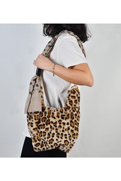 sisa.art Sisaart Poşe Fularlı Şallı Aksesuarlı Leopar Kürk El Ve Omuz Çantası