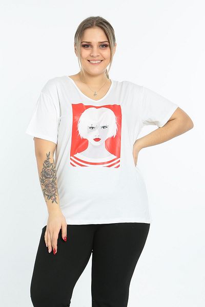 Butik Nilyam Women's White Large Size Printed T-shirt