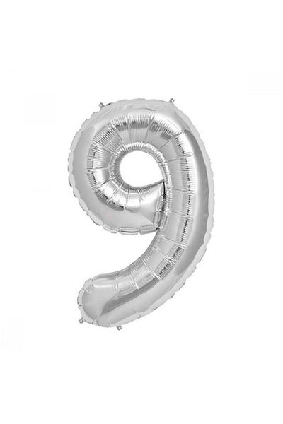 Aker Hediyelik 9 Number Metallic Gray Foil Balloon 40 Inc 100cm 9 Number Helium Balloon Silver Balloon