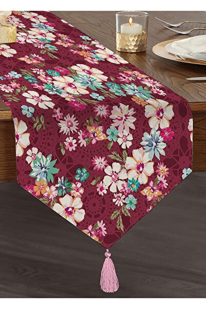 Realhomes Fusya Zeminde Beyaz Çiçekler Dijital Baskılı Püsküllü Şönil Üçgen R...