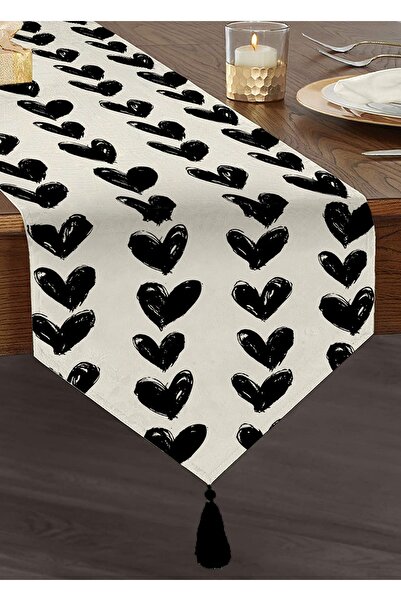 Realhomes Siyah Kalp Desenli Dijital Baskılı Dekoratif Püsküllü Şönil Üçgen R...