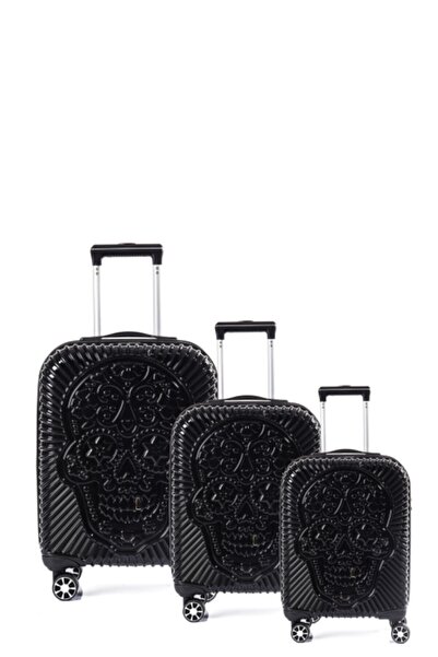 ÇÇS Pp Kuru Kafa Desenli Siyah 3'lü Valiz Seti 5186