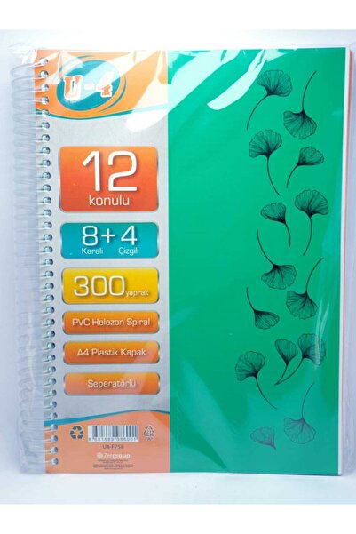 Zersan U4 8+4 Bölümlü 300 Yaprak A4 Sipralli Ayraçlı Defter 8 Kareli 4 Çizgil...