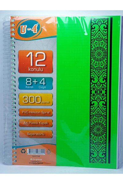 Zersan U4 8+4 Bölümlü 300 Yaprak A4 Sipralli Ayraçlı Defter 8 Kareli 4 Çizgil...