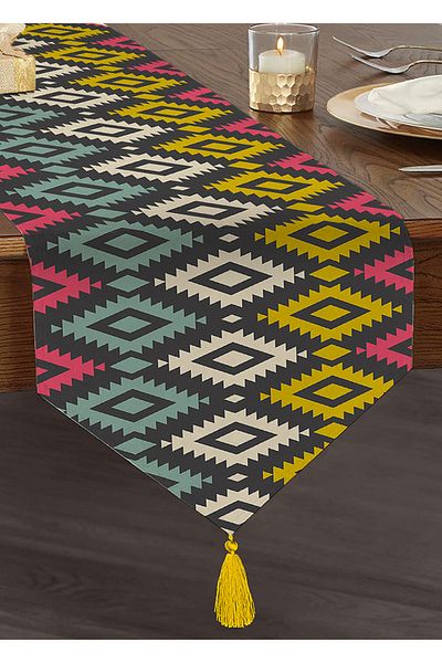 Realhomes Colorat, cu model geometric, imprimat digital, design special, cu ciucuri, alergător triunghi din chenille