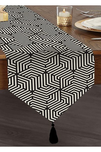 Realhomes Alb-negru Desen geometric imprimat cu ciucuri Chenille Triunghi Runner