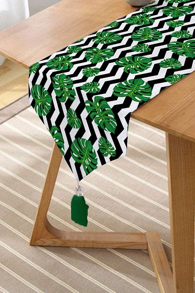 Realhomes Zigzag Zebra Themed Leaf Drawing Digital Printed Tasseled Chenille Triangle Runner