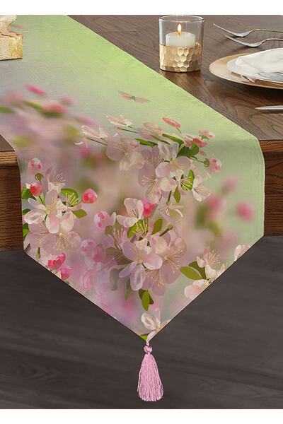 Realhomes Sardunya Çizimli Modern Püsküllü Şönil Üçgen Runner