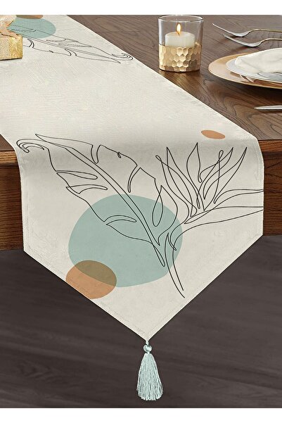 Realhomes Karakalem Botanik Yaprak Desenli Püsküllü Şönil Üçgen Runner