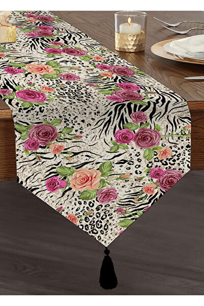 Realhomes Leopar Gül Motifli Dekoratif Püsküllü Şönil Üçgen Runner