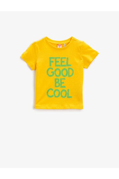 Koton Baby Boy Yellow Slogan Short Sleeve Cotton T-Shirt