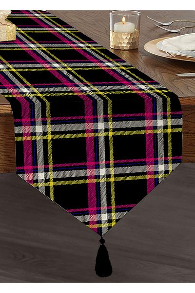 Realhomes Negru Galben Roz În carouri cu model Imprimat digital Decorativ Design special Tufted Chenille Triunghi Runner