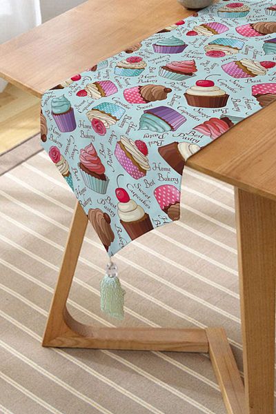 Realhomes Alergăr triunghiular din chenille cu model digital, cu model de cupcake colorat, cu ciucuri