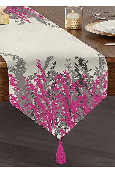 Realhomes Beyaz Zeminde Gri Ve Fuşya Çiçek Baskılı Püsküllü Şönil Üçgen Runner