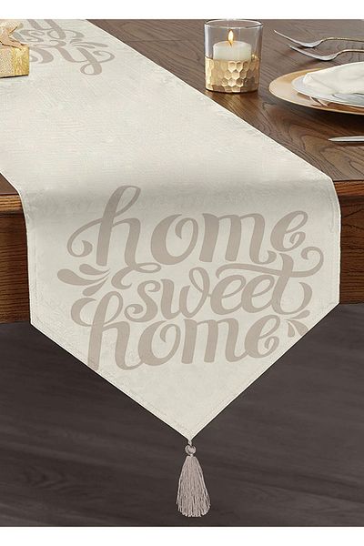 Realhomes Ανοιχτό γκρι Home Sweet Home Chenille Triangle Runner με διακοσμητικές φούντες