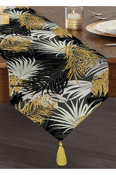 Realhomes Fundal negru Frunze de palmier Design special Chenille Triunghi Runner cu ciucuri