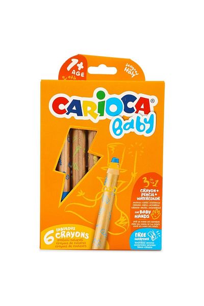 CARIOCA 3 In 1 Jumbo Baby Wooden Body Crayons Pack of 6 (with sharpener as a gift) (Dry Color Watercolor V