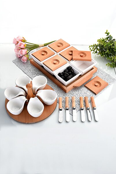 EvimSepette Ahşaplı Lüks Kahvaltı Sunum Seti Sosluk+Kahvaltılık+Kahvaltı Bıçağı