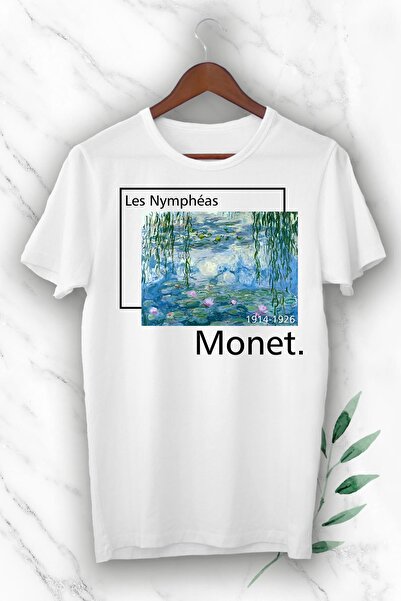 perseusshopping Unisex T-shirt Art Claude Monet Πίνακας Νούφαρα Τυπωμένο Λευκό