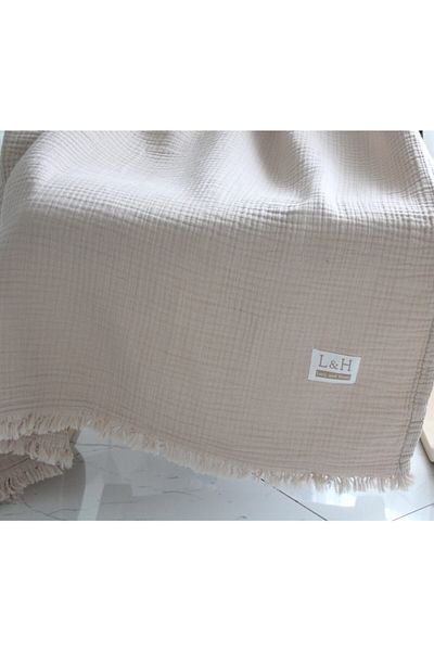 Lucy and Home Şal de canapea din muselină cu 4 straturi de culoare bej - 140x180 cm, cu franjuri (INCLUSIV BRANZĂ)