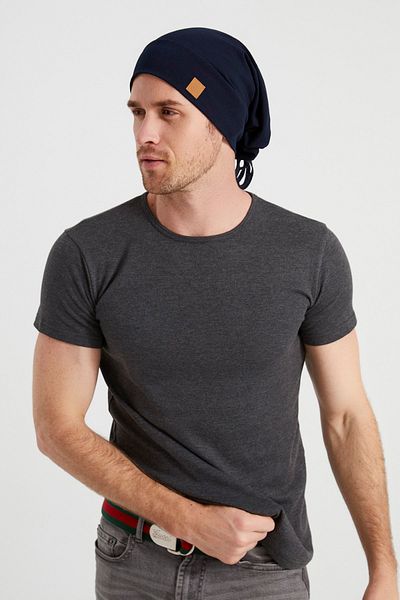 Butikgiz Men's Navy Blue, Special Design 4 Season Hat with Rope Detail, Beret Buff - Ultra Soft Natural Combed Cotton Fabric