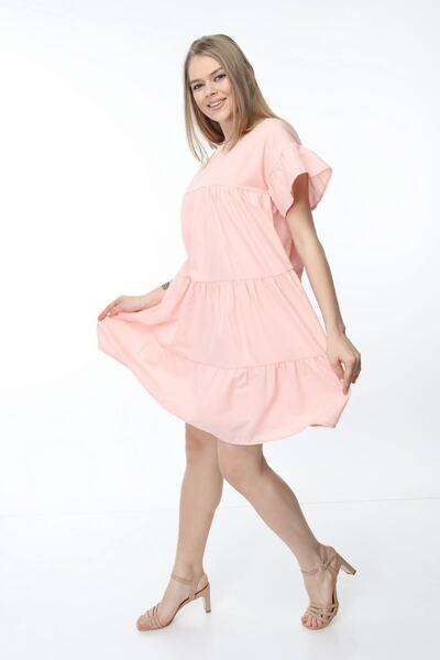 My ELİF Tekstil Women's Salmon Crew Neck Sleeve Shirred Dress