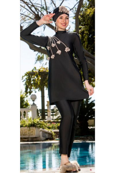 Armes Women's Black Tulle Floral Hijab Swimsuit