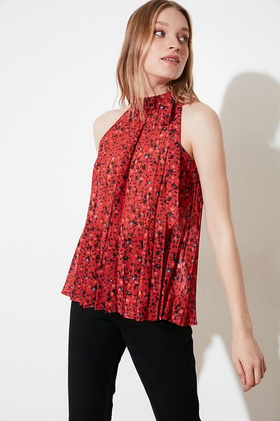 Trendyol Collection Red Transparent Woven Halter Neck Pleated Floral Patterned Blouse TWOSS20BZ0692
