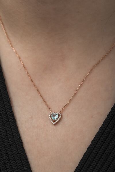 Nereze Kadın 925 Ayar Aquamarin Taşlı Kalp KolyeGümüş Kolye